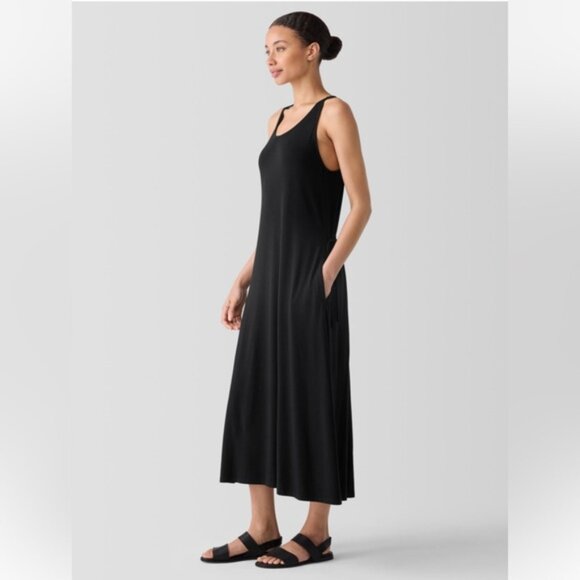 Eileen Fisher Fine Jersey Racer Back Tank Dress in color Black - Picture 2 of 4